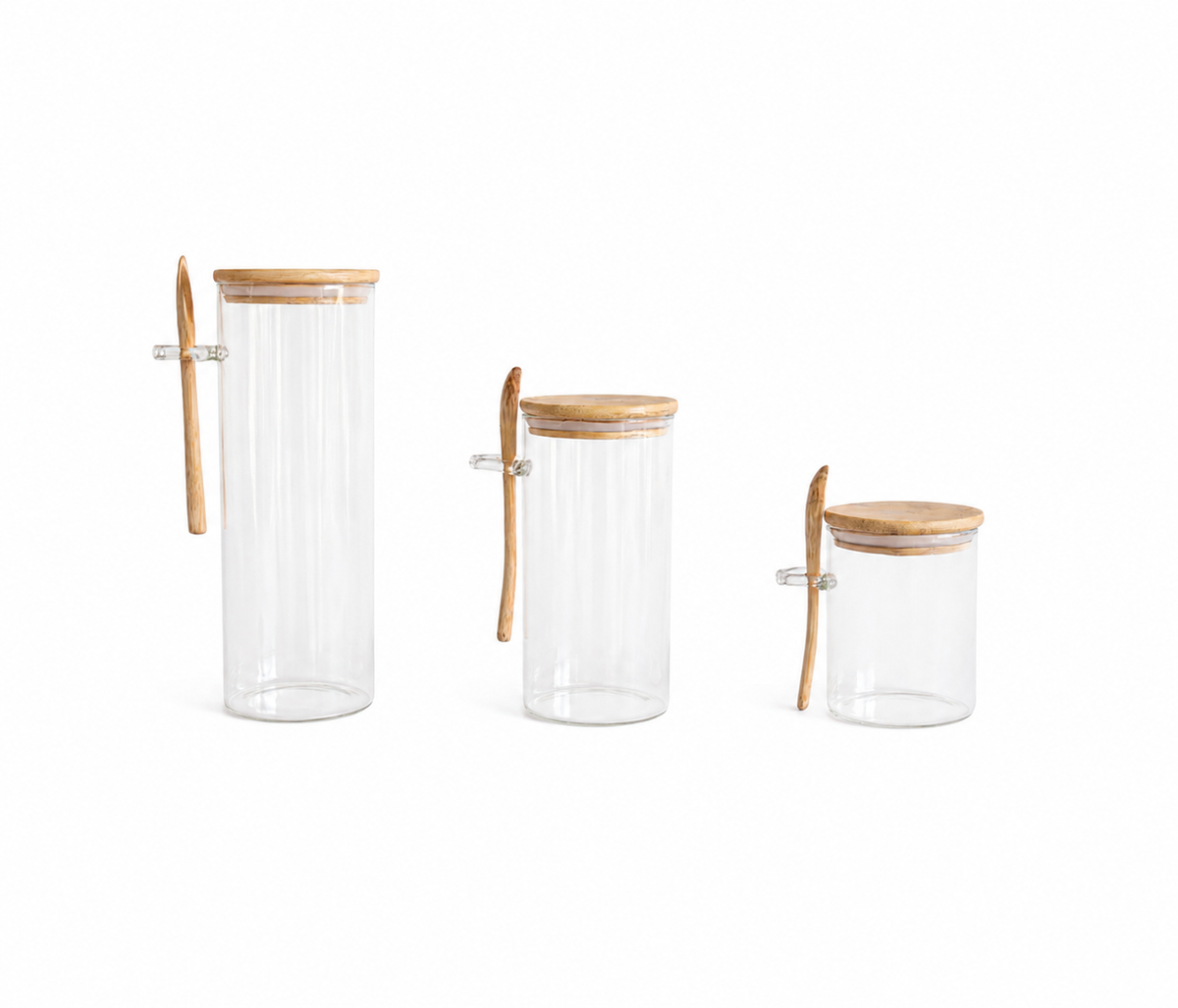 Set de 3 contenedores de vidrio con cuchara y tapadera de bambú