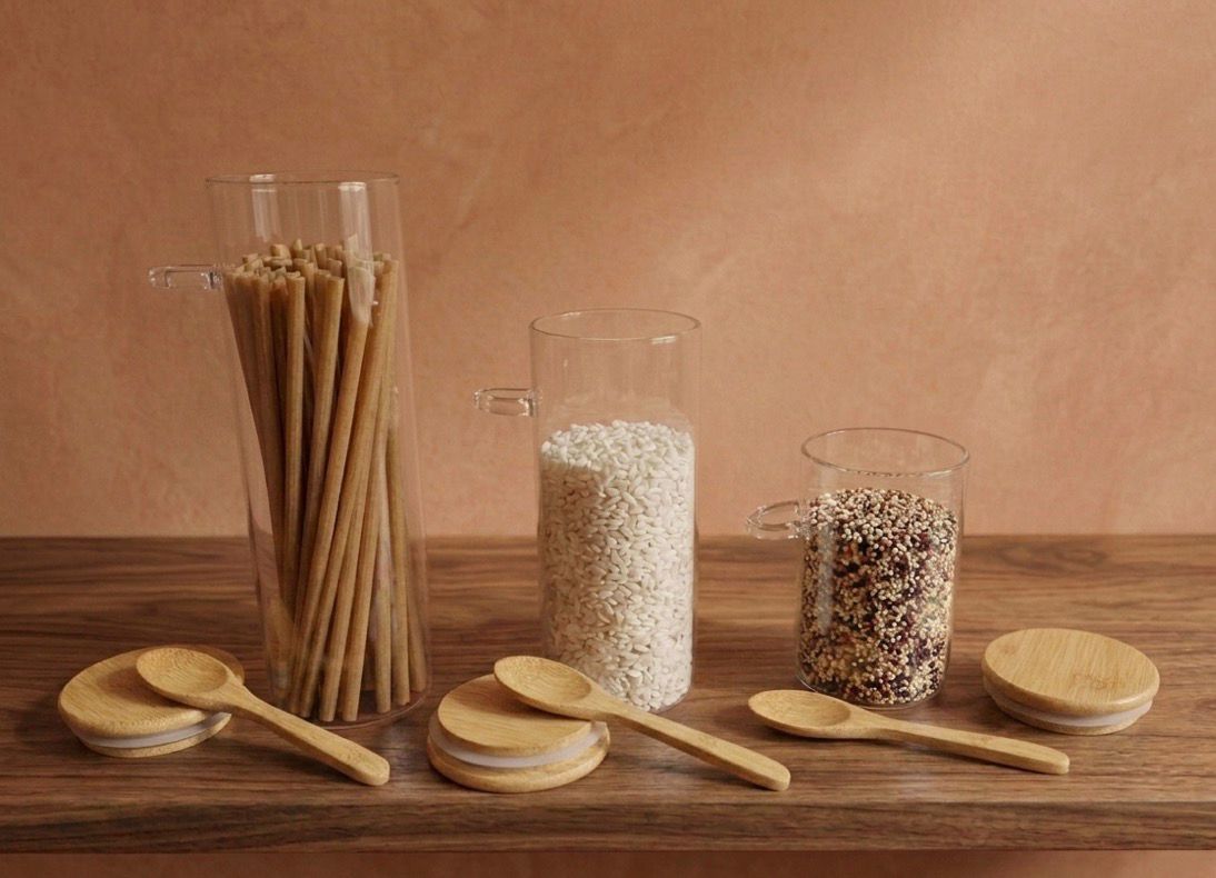 Set de 3 contenedores de vidrio con cuchara y tapadera de bambú