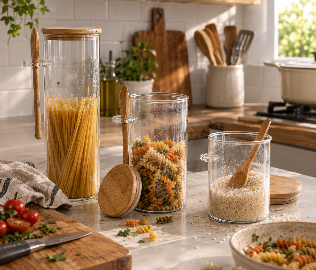 Set de 3 contenedores de vidrio con cuchara y tapadera de bambú