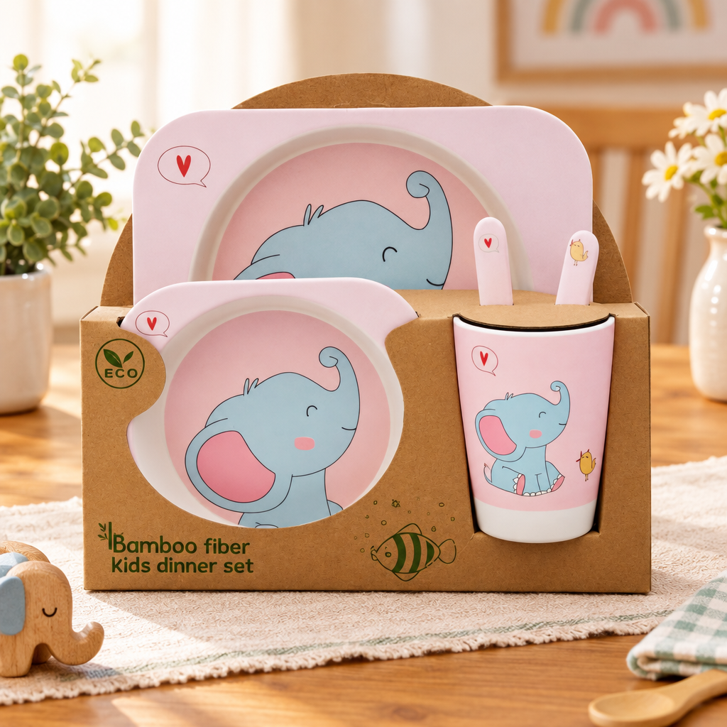 Set de platos infantil de fibra de bambú rosado