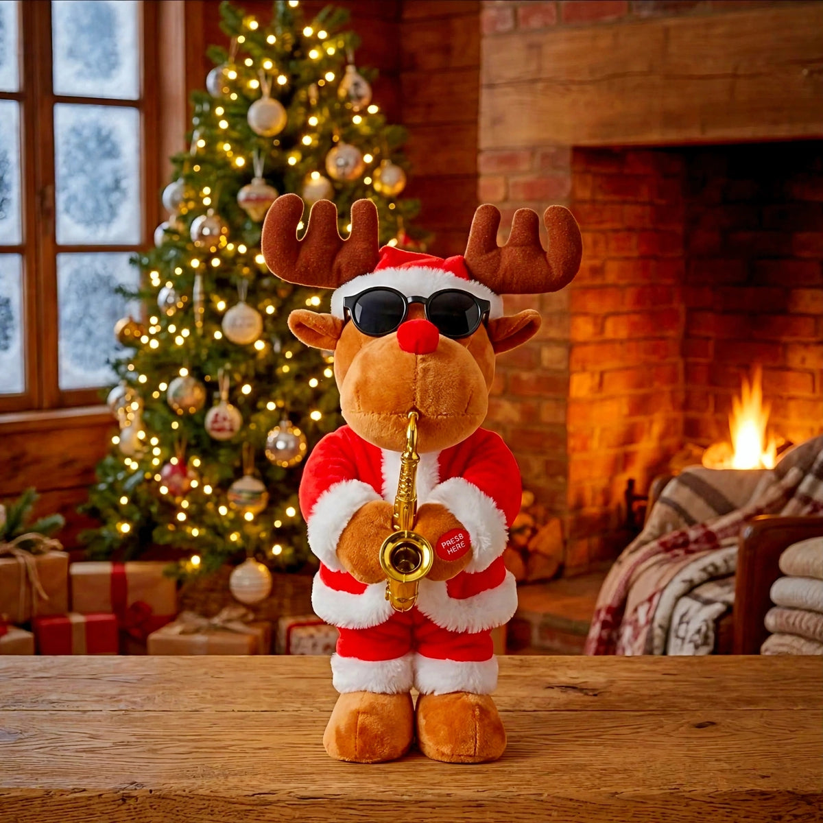 Venado navideño con saxofón